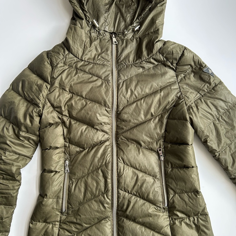 Sam Edelman Olive Green Zip-Up Lightweight Puffer Jacket with Hood, Size Medium